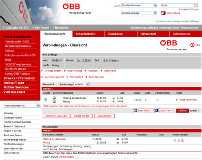 Screenshot der ÖBB-Fahrplanabfrage