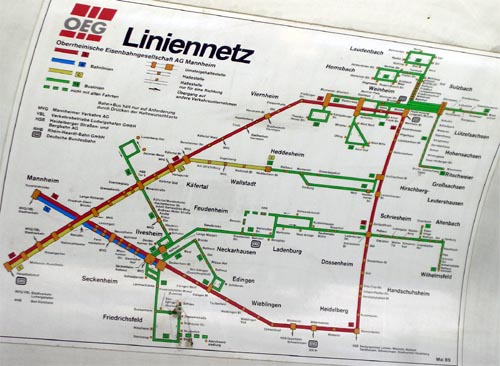 Bild: Liniennetz der Oberrheinischen Eisenbahn AG Mannheim vom Mai 1989