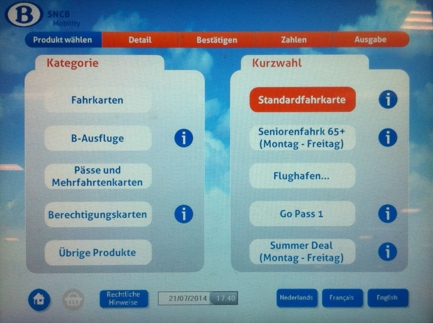 Bild: Produktauswahl Fahrkartenautomat Belgien