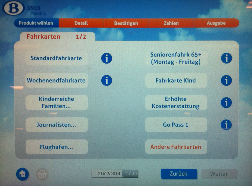 Bild: Produkt wählen Fahrkartenautomat Belgien