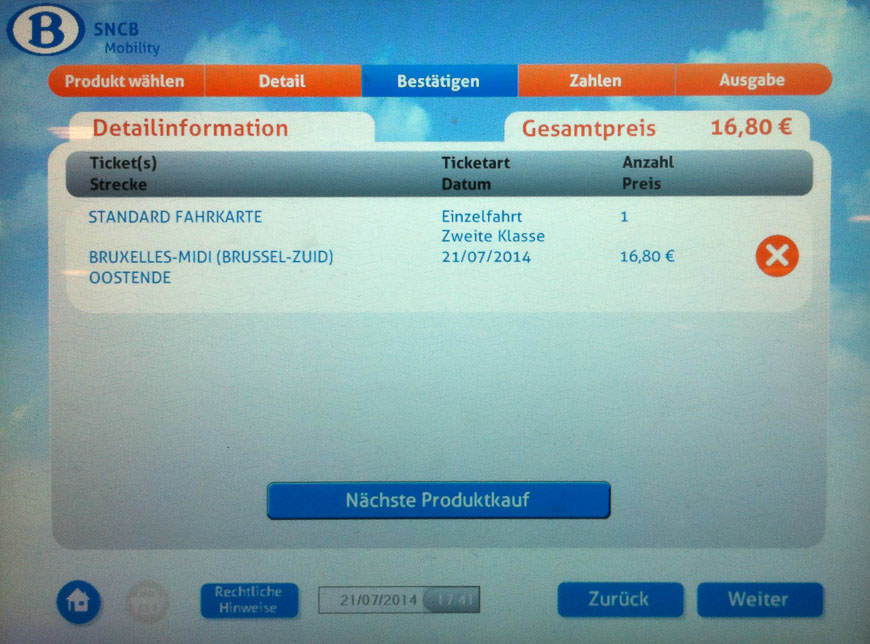 Bild: Bestätigen-Bildschirm Fahrkartenautomat Belgien