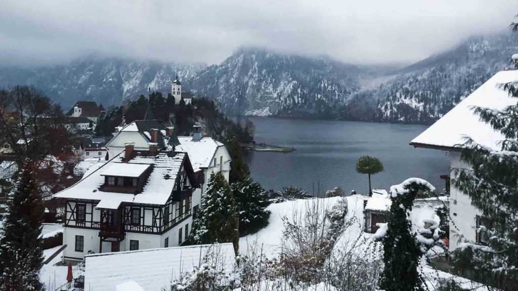 Blick aus dem Zug am Traunsee im Winter